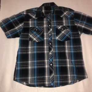Studio 10 Men's Casual Short Sleeve Pearl Snap Sz XL Blue Charcoal & White Plaid